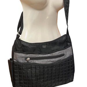 Lug crossbody bag, travel purse, quilted black, multi zip compartments,